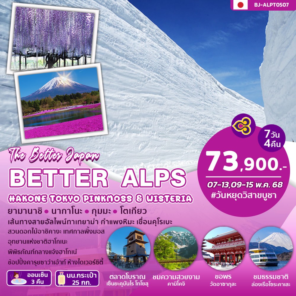 ทัวร์ญี่ปุ่น BETTER ALPS HAKONE TOKYO PINKMOSS & WISTERIA 7วัน 4คืน (TG)