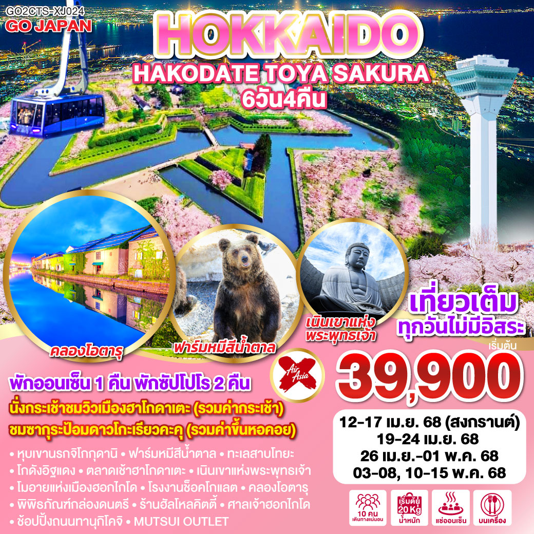 ทัวร์ญี่ปุ่น HOKKAIDO HAKODATE TOYA SAKURA 6คืน 4วัน (XJ)